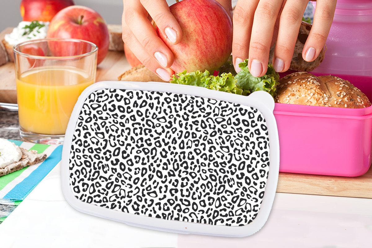 Mädchen, Kinder, für Kunststoff Brotdose Muster, - - Weiß Brotbox Pantherdruck Schwarz rosa - Erwachsene, MuchoWow Kunststoff, Design - Lunchbox (2-tlg), Snackbox,