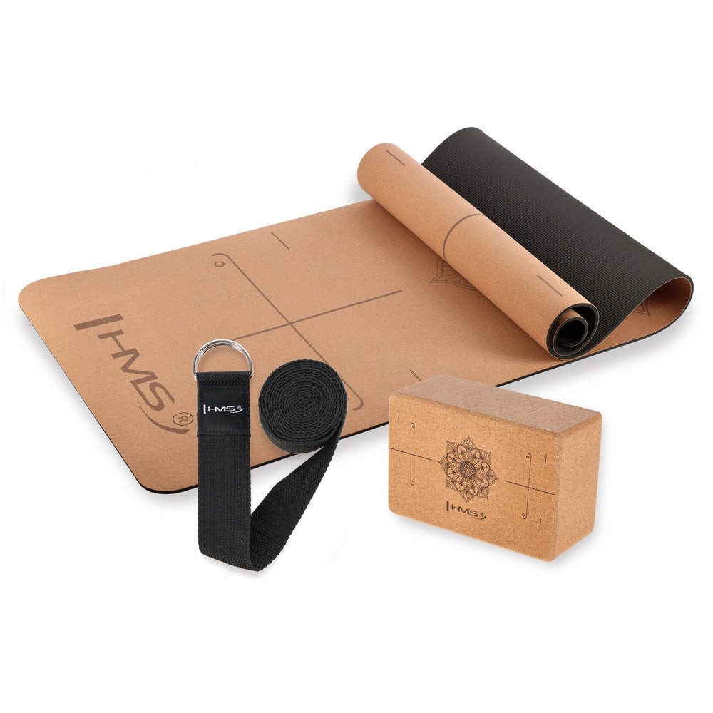 HMS Yogamatte Yogaset Trainingsmatte Yogablock (Spar-Set, 1-St., 182 x 61 x 1 cm 3-teilig), Kork & TPE, Yogablock, Gurt, antibakteriell