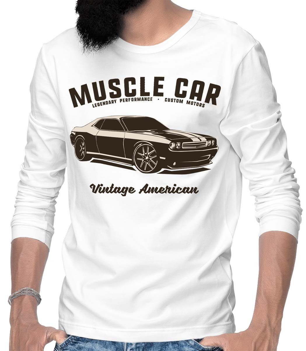 Rebel On Wheels Longsleeve Herren Langarm T-Shirt Challenger Muscle Car mit Auto / US-Car Motiv Weiß