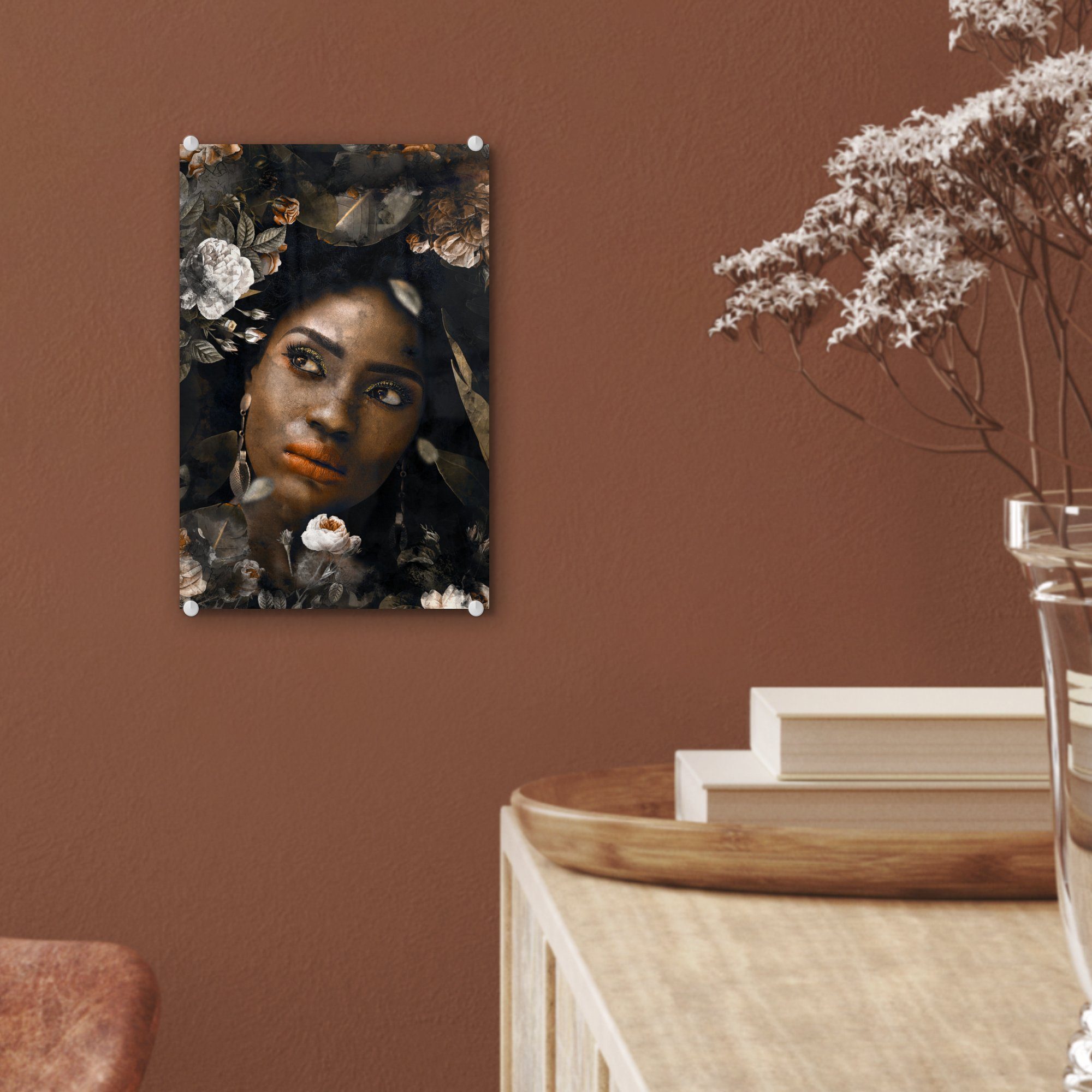 MuchoWow Acrylglasbild Frau - Blumen auf Wanddekoration - Glas Glas - auf St), Farben, Wandbild - Bilder Glasbilder - Foto (1