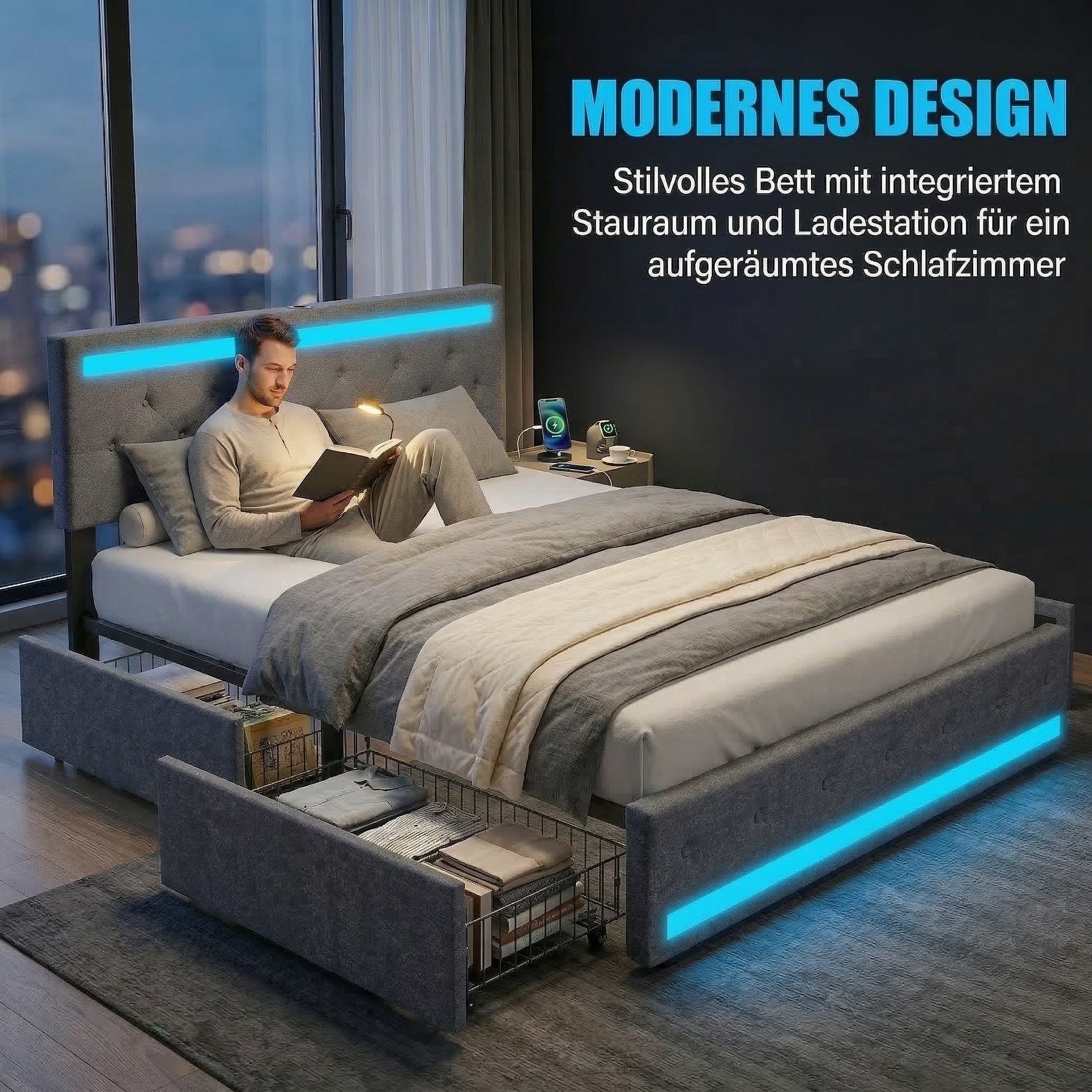 Furnishings Home Polsterbett Stauraumbett Doppelbett (Vier extra große Schubladen unter dem Bett), Mit LED-Beleuchtung, USB & Type-C, Leinen, 180x200 cm