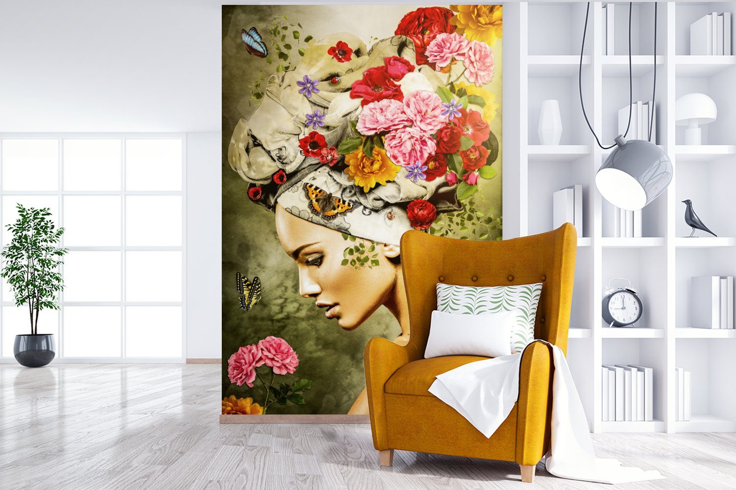 bedruckt, Rosen Fototapete - Frau Matt, (3 Blumen Farben - Schmetterlinge für Tapete St), Wandtapete Wohnzimmer, Kopftuch, - MuchoWow Vinyl Montagefertig - -