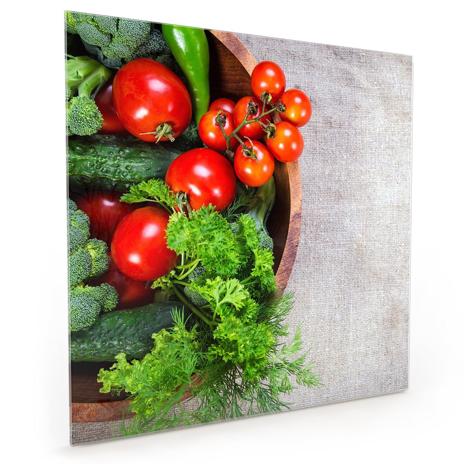 im Spritzschutz Küchenrückwand mit Glas Primedeco Motiv Töpfchen Gemüse Küchenrückwand
