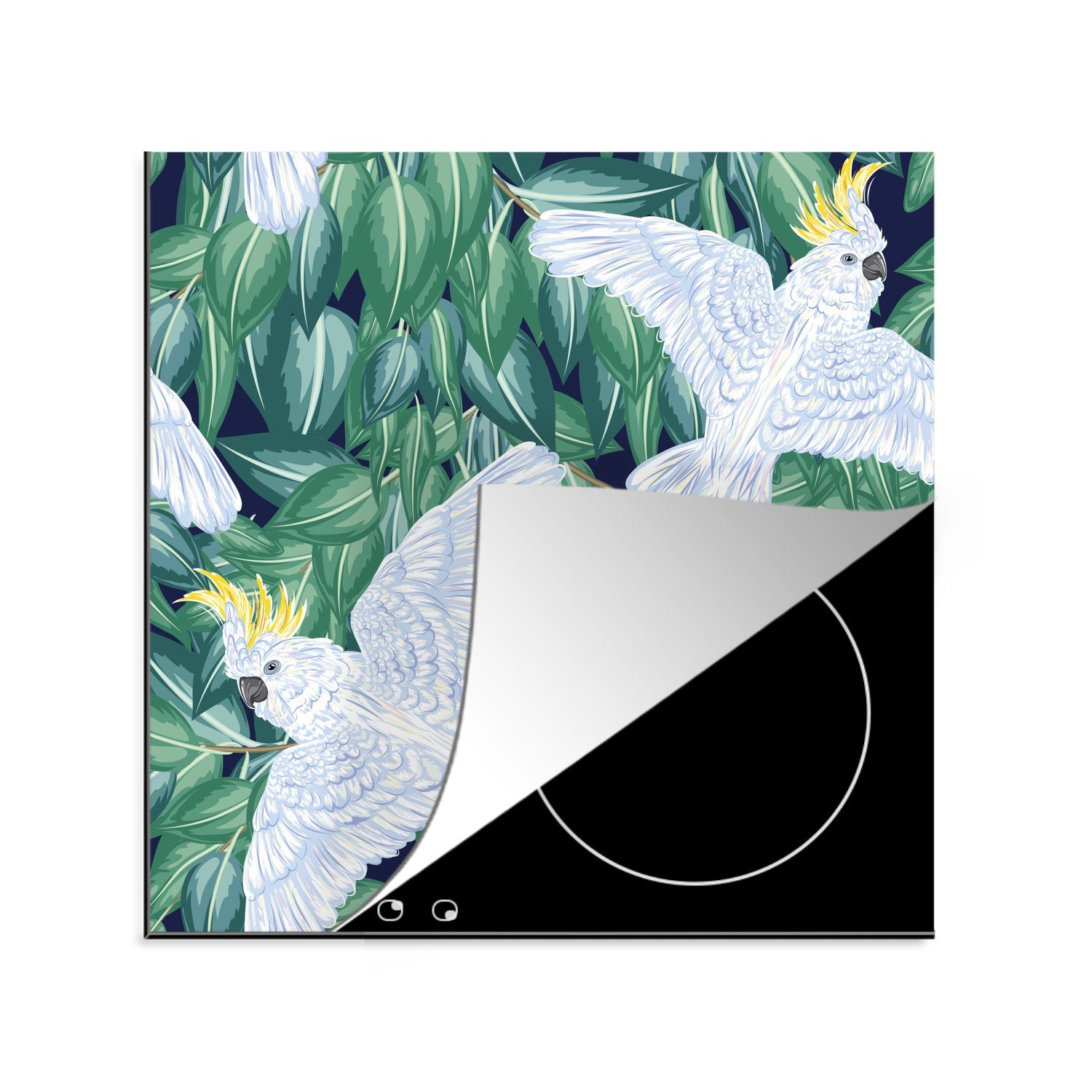 MuchoWow Herdblende-/Abdeckplatte Vogel - Blätter - Kakadu - Muster, Vinyl, (1 tlg), 78x78 cm, Ceranfeldabdeckung, Arbeitsplatte für küche
