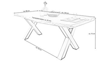 Massivart® Baumkantentisch TOMASO / Massivholz Akazie / 55 mm Tischplatte, Standbeine als X-Gestell / Metall schwarz lackiert / Industrial Look