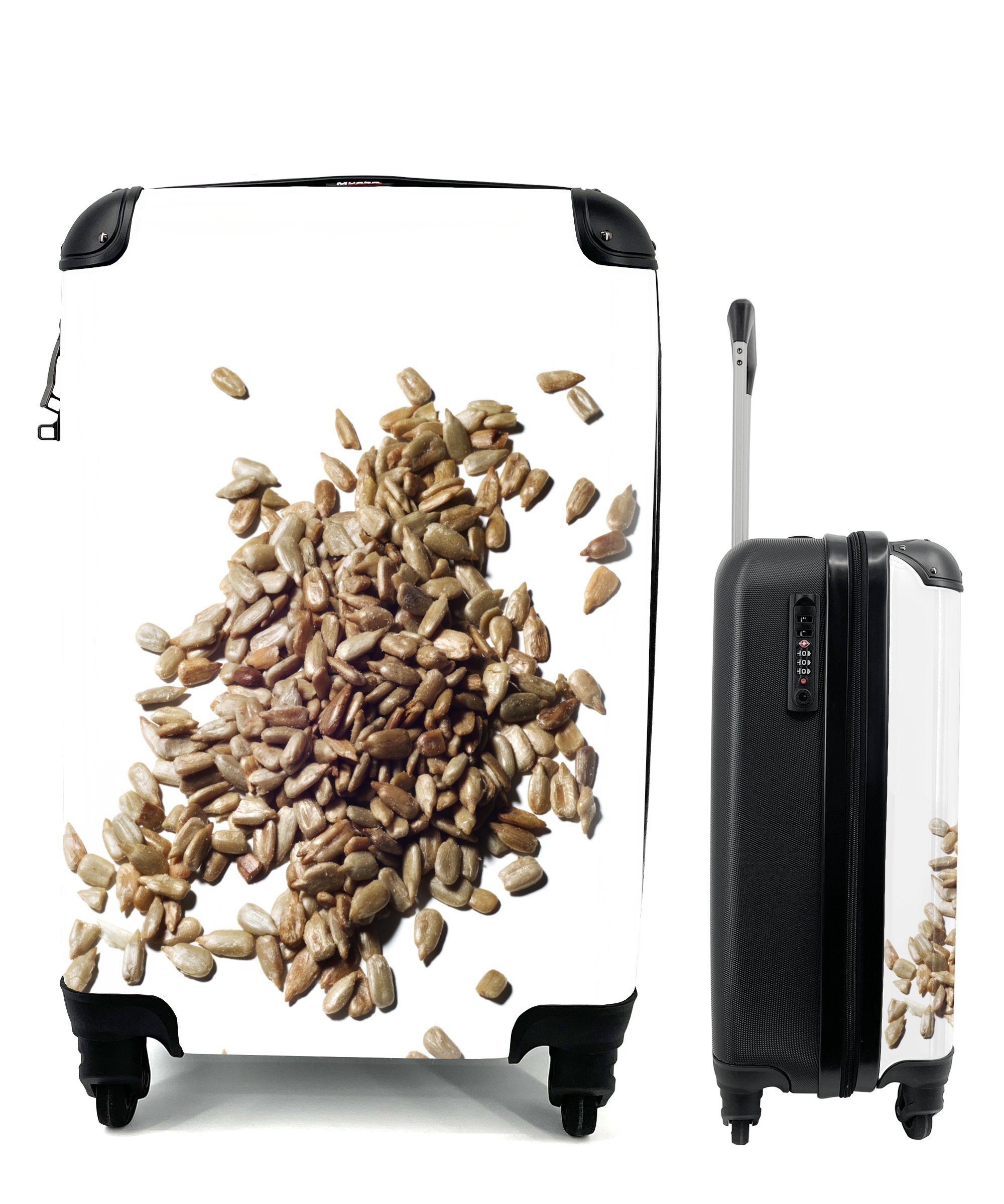 MuchoWow Handgepäckkoffer Stapel gerösteter auf 4 Trolley, Handgepäck Ferien, Sonnenblumenkerne einem Hintergrund, Reisekoffer weißen für rollen, Rollen, mit Reisetasche