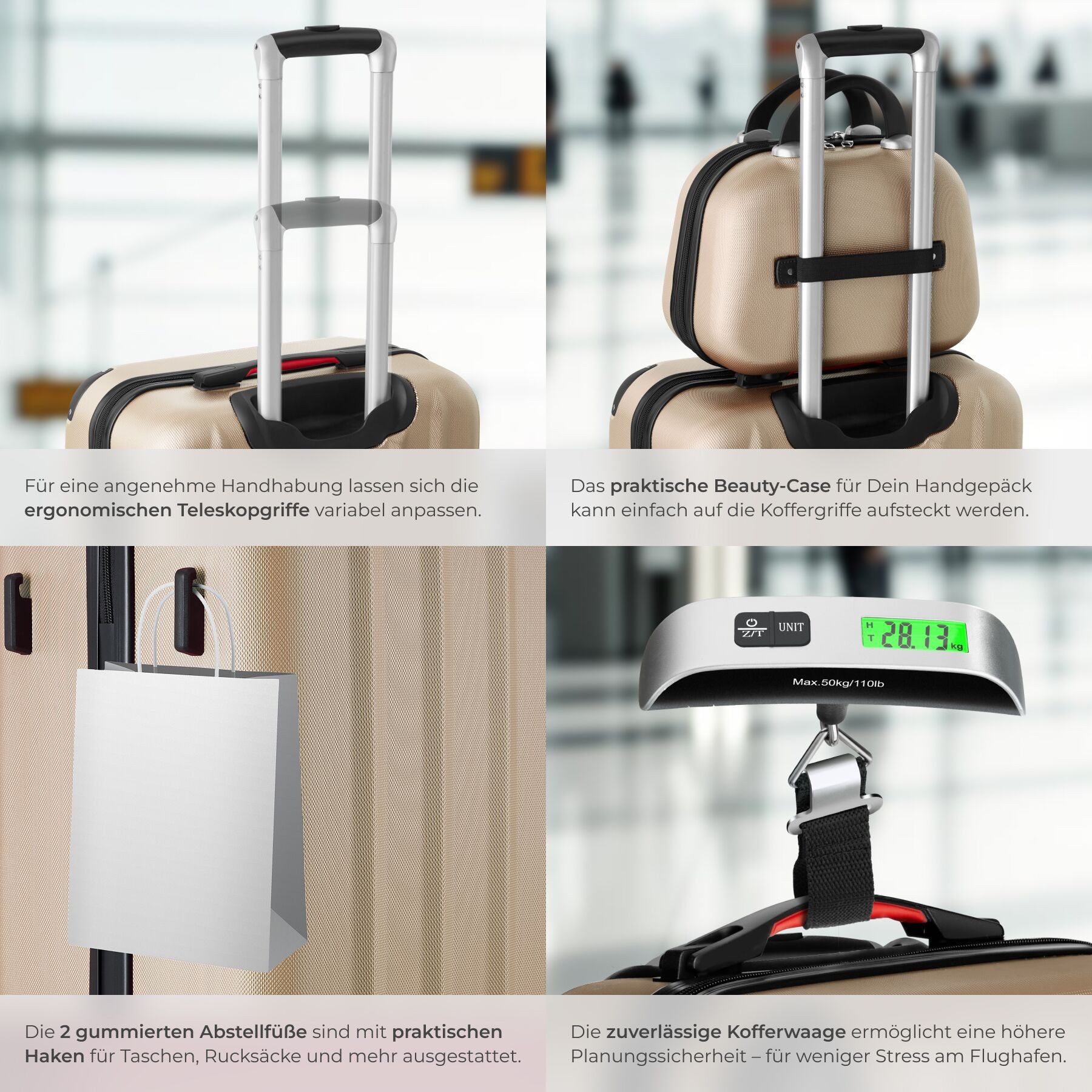 tectake Trolley Hartschalenkoffer-Set 19-teilig aus ABS-Kunststoff, Kofferwaage, 4 Rollen, TSA-Schloss, 360° drehbare, abnehmbare Rollen, mit Packwürfelset – Bild 4 von 5