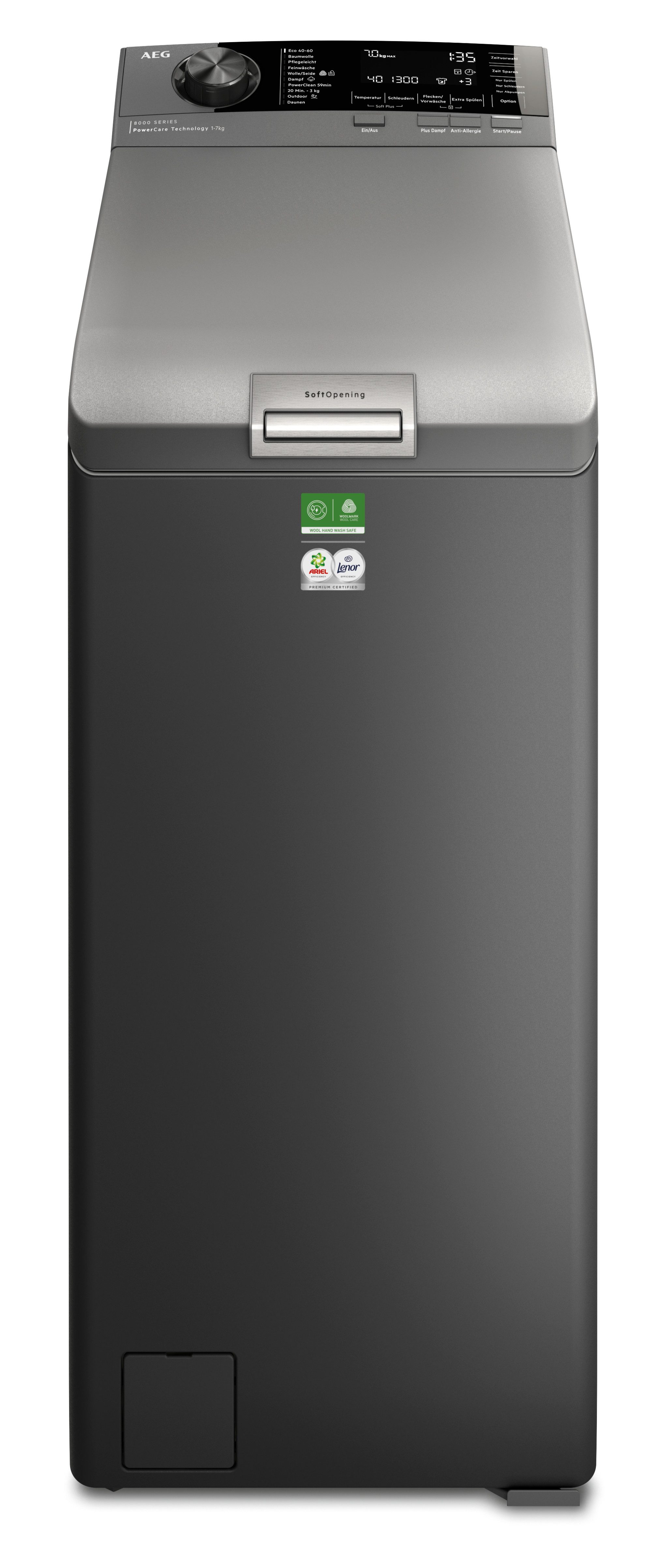 AEG Waschmaschine Toplader LTR8S80370, 7 kg, MattSchwarz‑Toplader mit PowerClean: gründliche Fleckenlösung bei 30°C