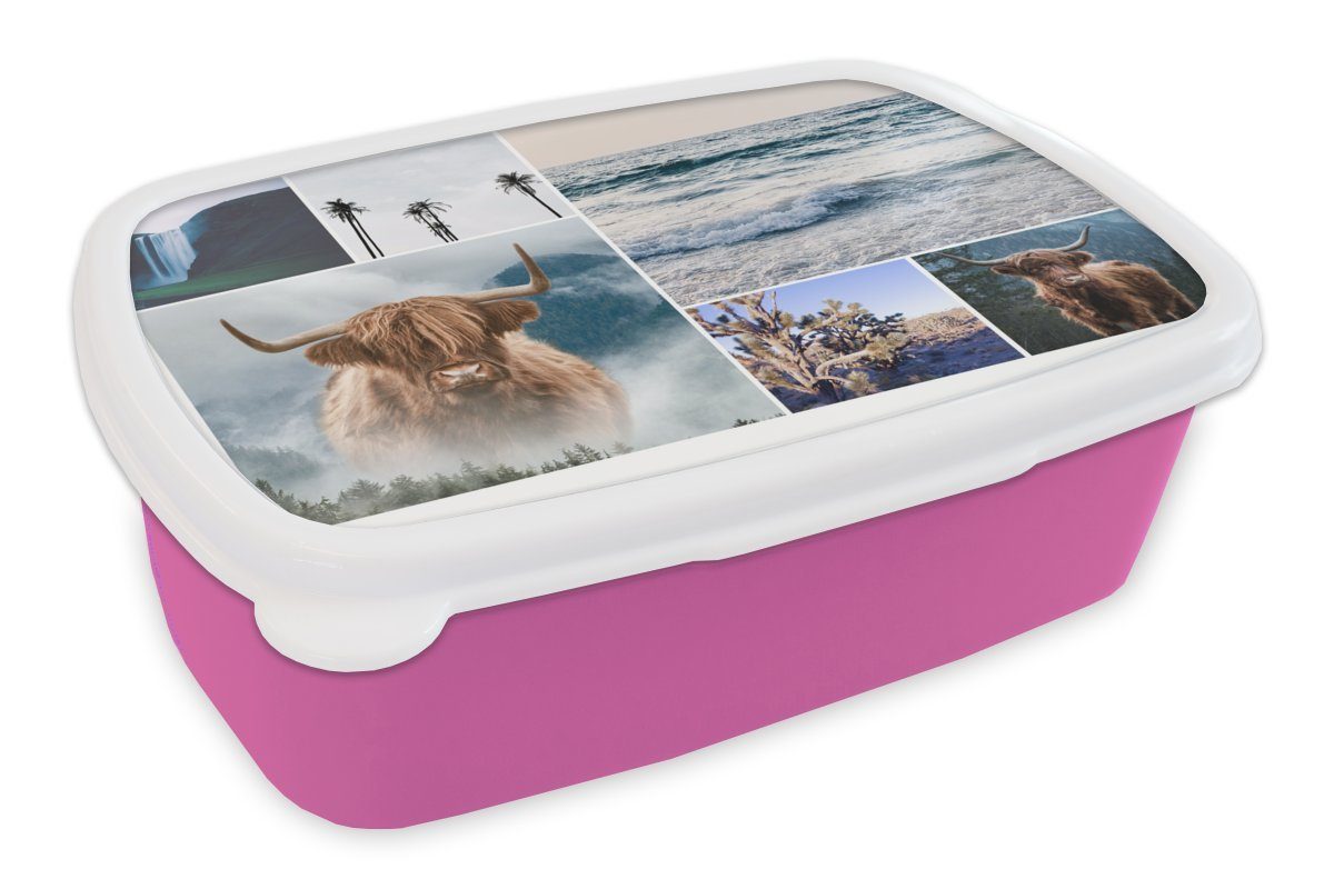 Erwachsene, Collage Palme, Kinder, - Lunchbox MuchoWow Mädchen, Brotbox Brotdose für - Kunststoff rosa Highlander Wasserfall Kunststoff, - Snackbox, (2-tlg), Schottischer