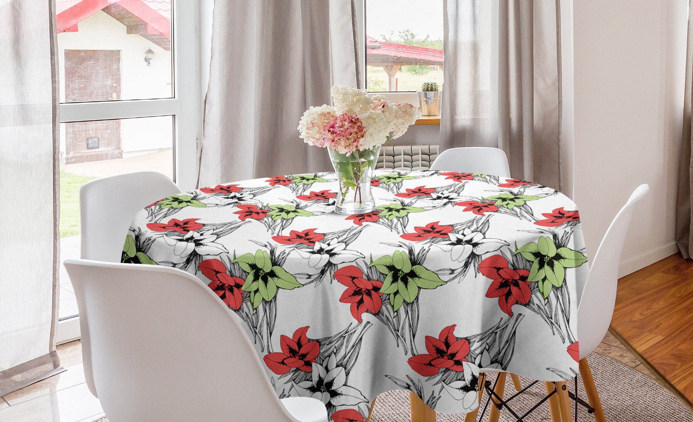 Abakuhaus Tischdecke Kreis Tischdecke Abdeckung für Esszimmer Küche Dekoration, Blumen Blooming mit Sketchy Leaves