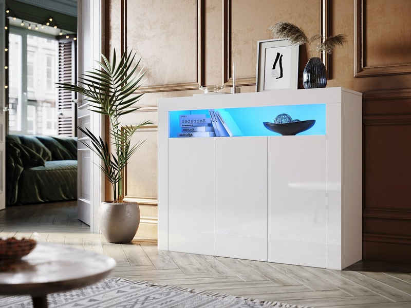 SONNI Kommode Sideboard Weiß Hochglanz mit LED Beleuchtung, Комодыschrank Sideboard für Küche und Esszimmer, Wohnzimmer