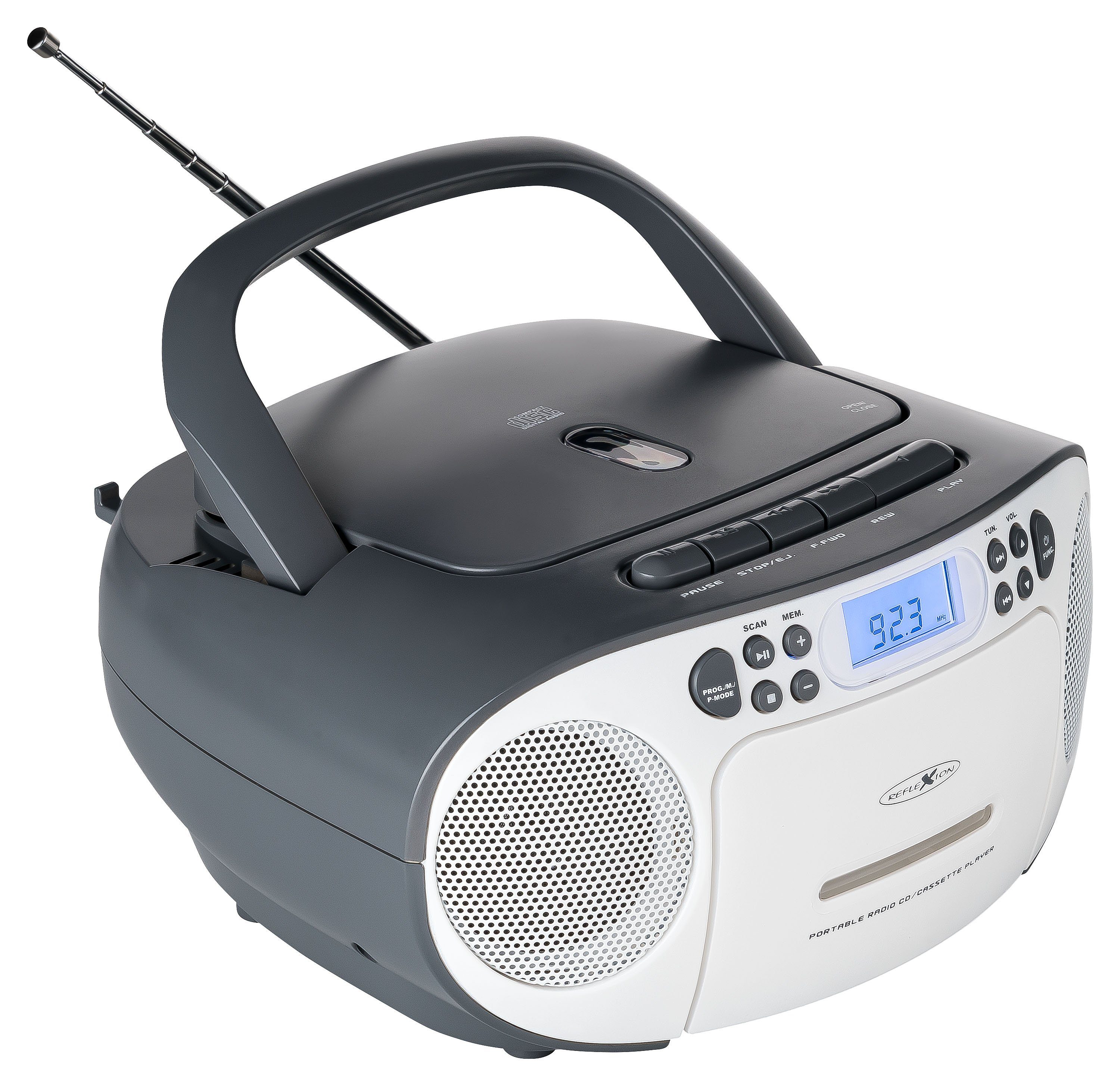 Boombox Stereo RCR2260 Tragbare AUX-Eingang, LCD-Display, W, Radio, Reflexion Boombox (UKW CD/Radio/Kassette, Kopfhörer-Anschluss) weiß/grau 20 PLL