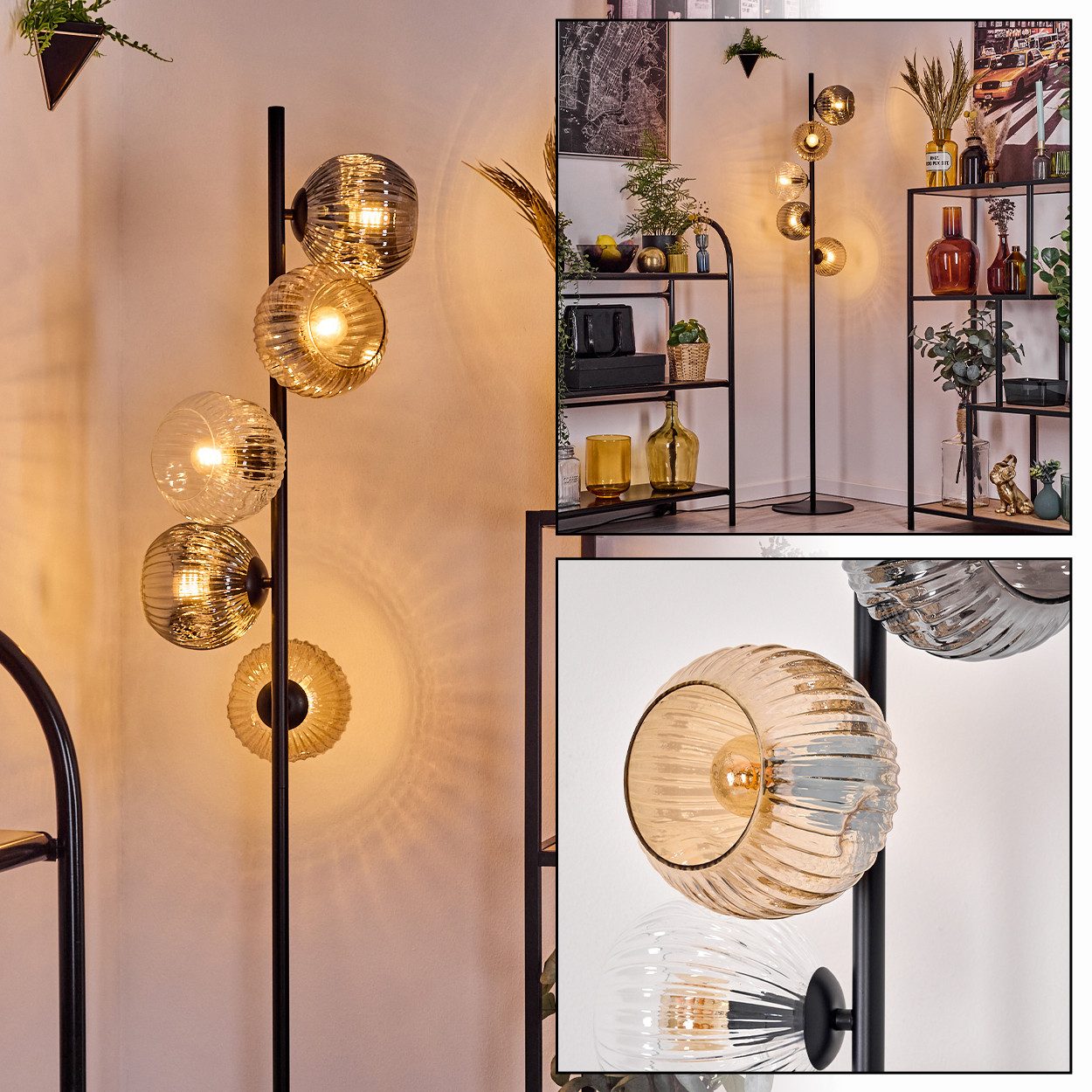 hofstein Stehlampe Stehlampe, Metall/Riffelglas, Schwarz/Rauch/Bernstein/Klar, E14, ohne Leuchtmittel, moderne Stehleuchte, Retro-Design, Ø Schirme 15cm, Fußschalter, 160cm