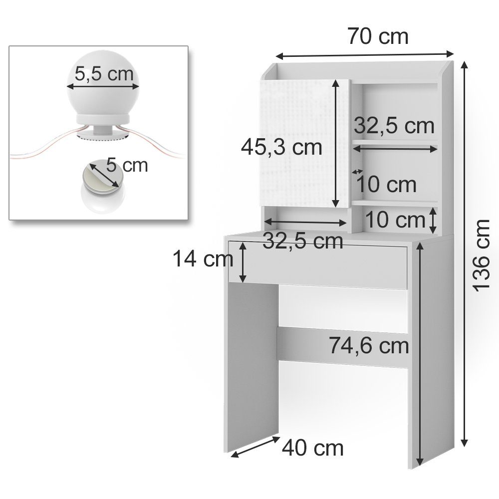Vicco Schminktisch Laura, Weiß, 70 cm mit LED Beleuchtung (1-St)