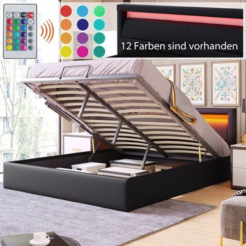 OKWISH Polsterbett 140*200cm LED-Bett,mit Lattenrost und Stauraum, mit beleuchtetem, mit beleuchtetem Kopfteil in diversen Farben