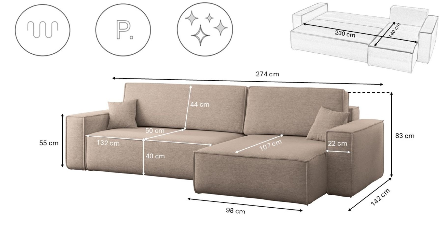 Kaiser Möbel Ecksofa mit schlaffunktion und bettkasten, BEST XL stoff Poso, Quelle, Verita, Mit Bettfunktion und Bettzeugfach