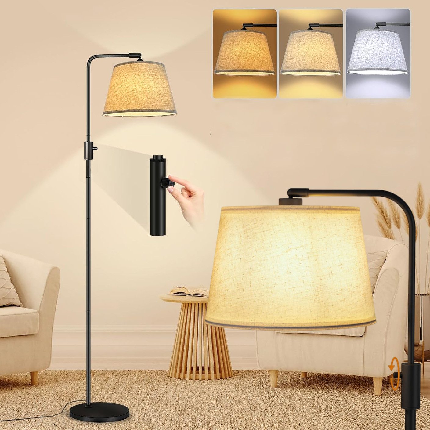 LMaxhome LED Stehlampe Dimmbar Stehleuchte Wohnzimmer Retro Stoffschirm 173 günstig online kaufen