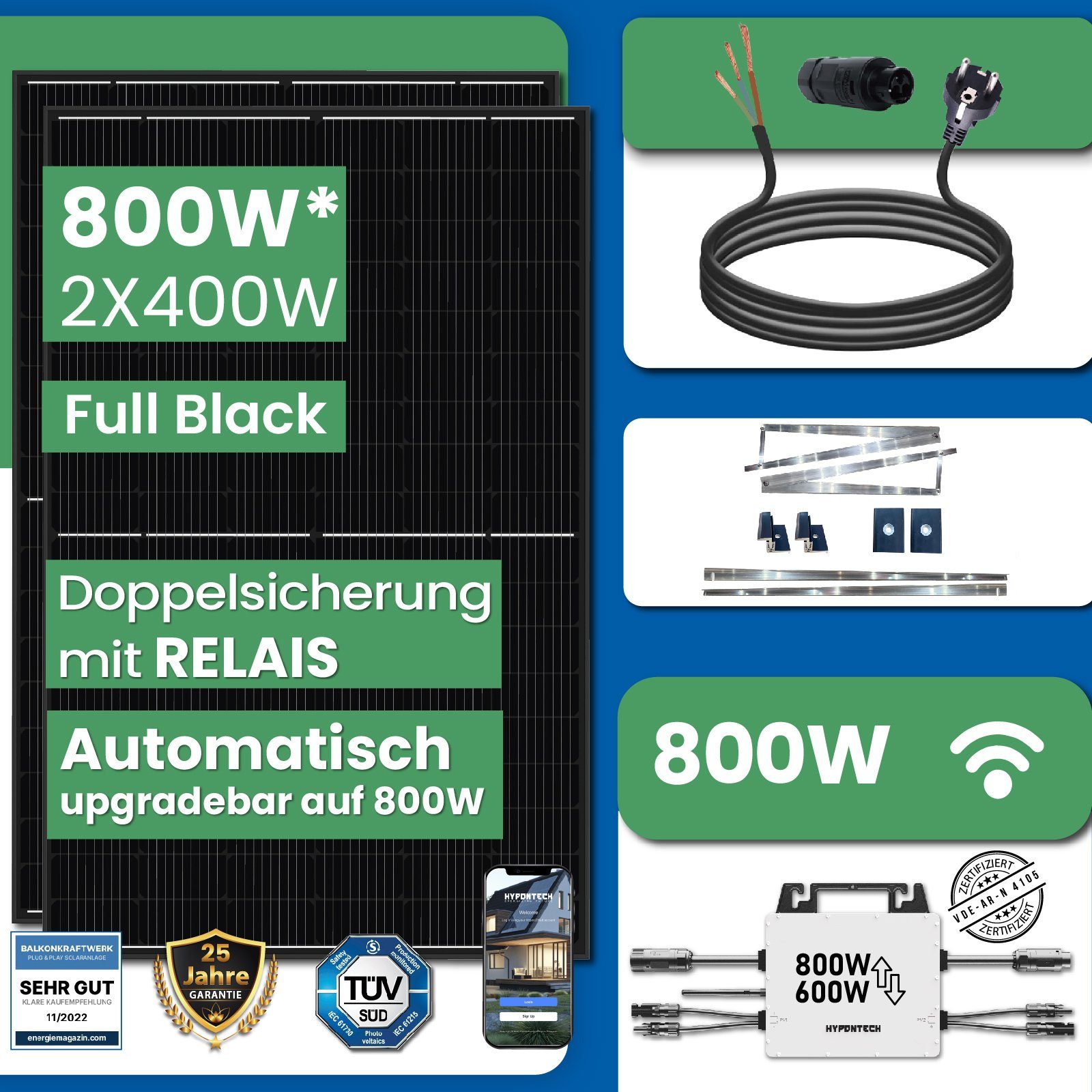 800W Hypontech Aufständerung Balkonkraftwerk (Komplettset), Halterung, Basis Wechselrichter Upgradefähiger PV-Montage Monokristalline, EPP.Solar WIFI Solaranlage 800W Mit Süd