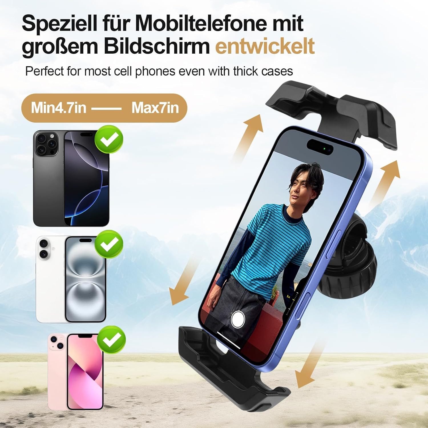 Refined Living Handy-Halterung Handyhalterung Fahrrad & Motorrad mit Stoßdämpfer, 360° Drehbar, (Universal, Smartphone-Halterung, handyhalter lenker, fahrrad handy halterung stoßdämpfer, handyhalterung e-scooter, smartphone halter fahrrad, für Smartphones von 4,7–7 Zoll – kompatibel mit iPhone, Samsung, u.v.m, Werkzeuglose Montage, Anti-Rutsch-Oberfläche, Seitentasten bleiben frei, Kameraschutz, 1-tlg., Stabile & stoßdämpfende Halterung, Sicher, Stabil, wetterfest, für Fahrrad, Mountainbike, Motorrad, E-Scooter,Kinderwagen,Traktor)