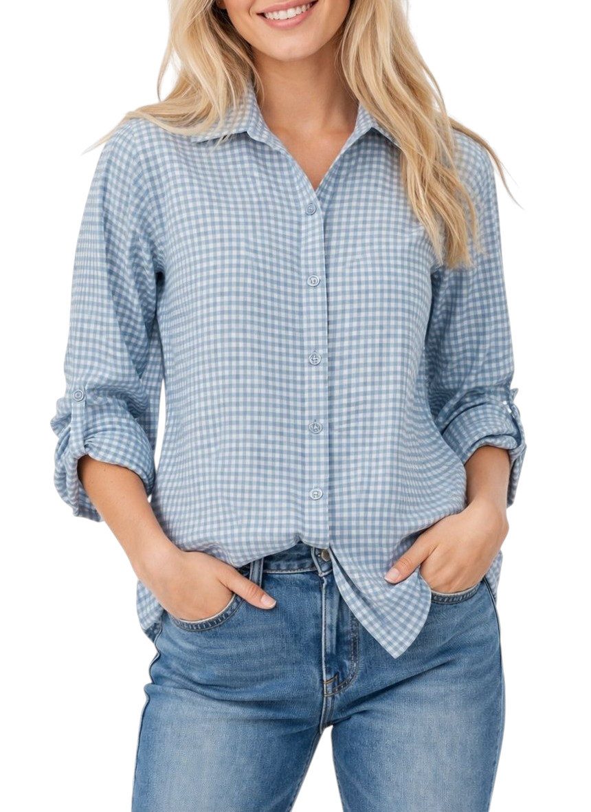 Hemdbluse Damen Bluse kariert aus Baumwolle – Hemdbluse mit 3/4-Arm Gr. 36-40