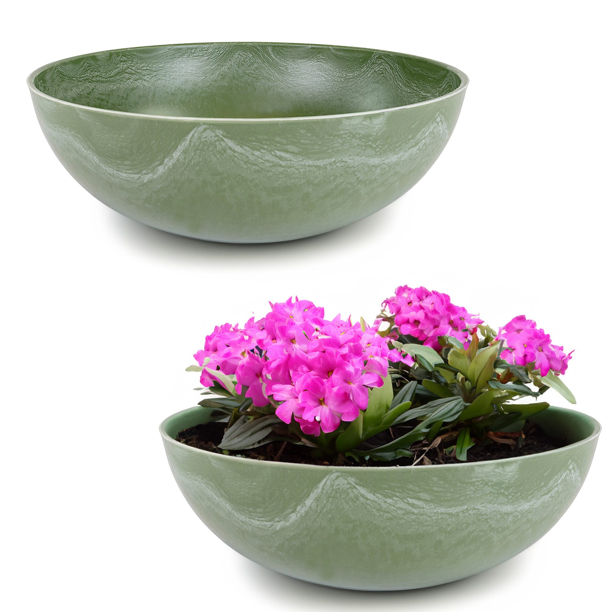 matches21 HOME & HOBBY Blumentopf Runde bauchige 25 cm Pflanzschale für draussen, grün marmoriert (2 St), Wetterfeste Blumen-Schale als moderne Gartendeko Grabschmuck