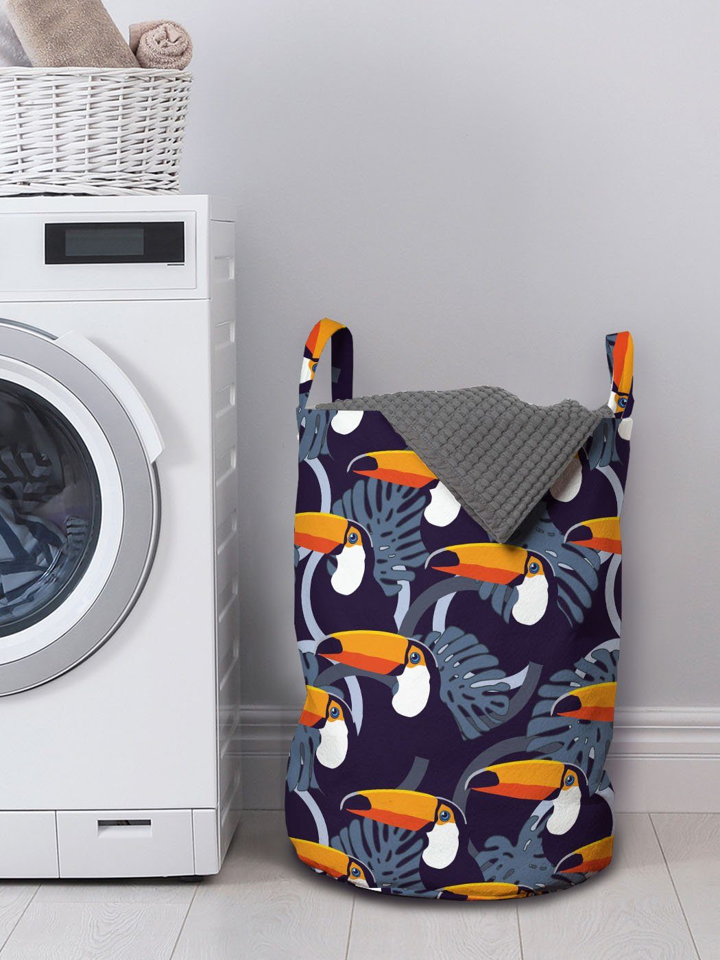 Abakuhaus Wäschesäckchen Wäschekorb mit Griffen Waschsalons, Tropisch Toucan Vögel Blatt für Kordelzugverschluss Monstera