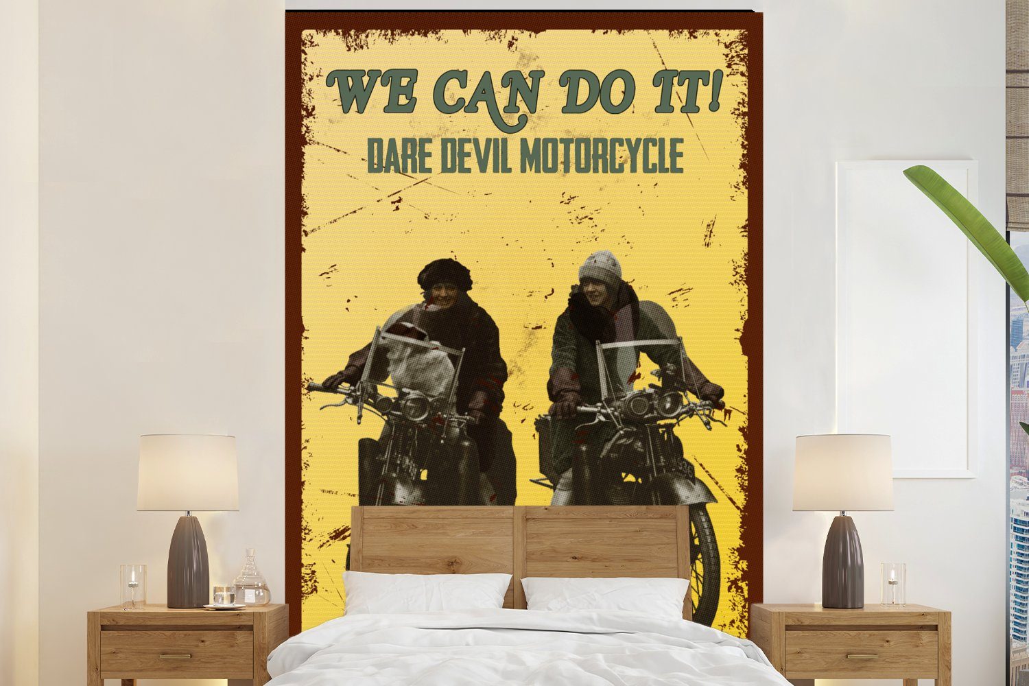 MuchoWow Fototapete Motorrad - Oldtimer Frauen - bedruckt, (3 Matt, Montagefertig Tapete Vinyl St), Zitat, Wohnzimmer, - Wandtapete für