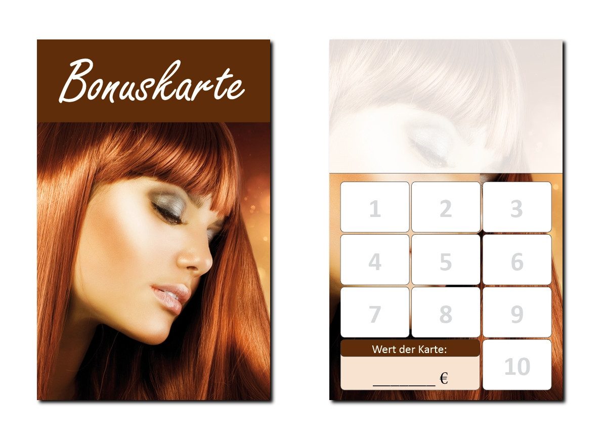 LYSCO Visitenkarten Bonuskarte Friseur Kundenkarte Haarpflege Kosmetik Frisör, Treuekarten, Rabattkarte, Frisur, 10 Stempelfeldern + Firmenstempel