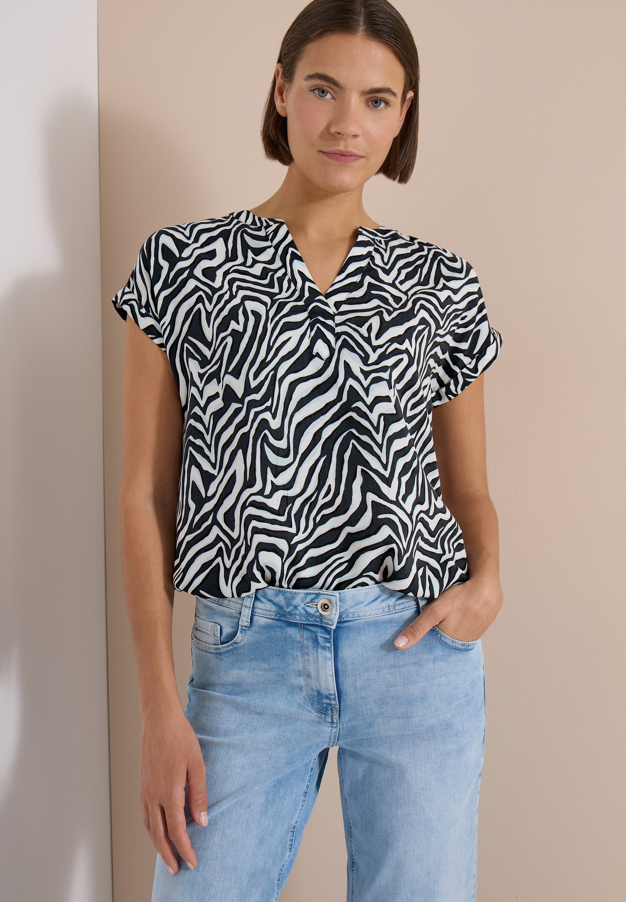 CECIL Shirtbluse Sommerbluse mit Split Neck und Zebra-Print
