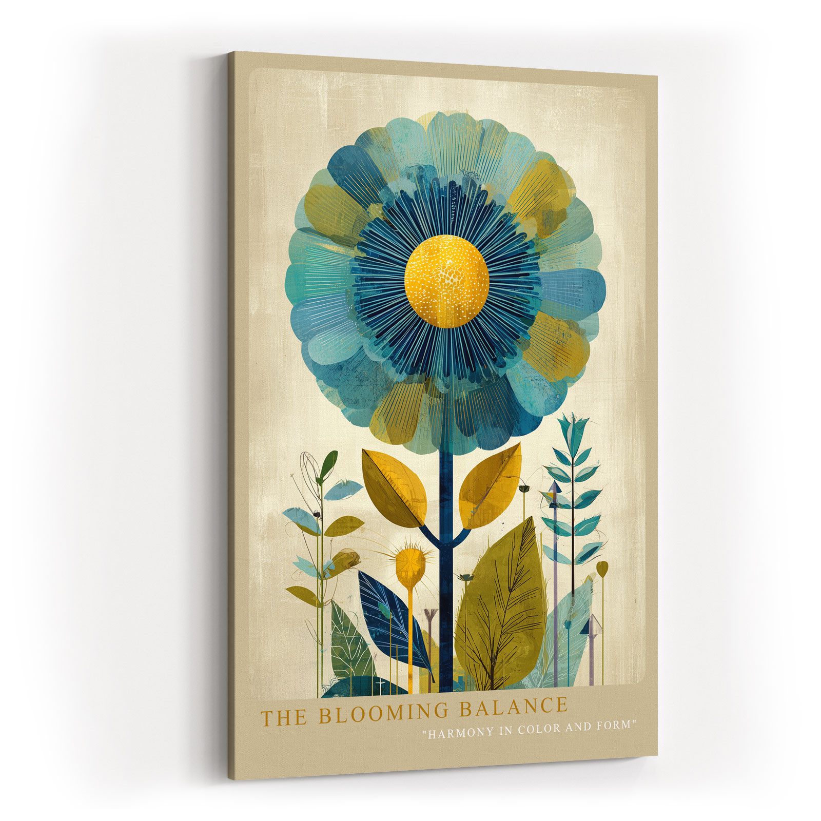 Sinus Art Leinwandbild Blüte Abstrakt Blau Gelb Grafik Symmetrie Modern Design Wandbild