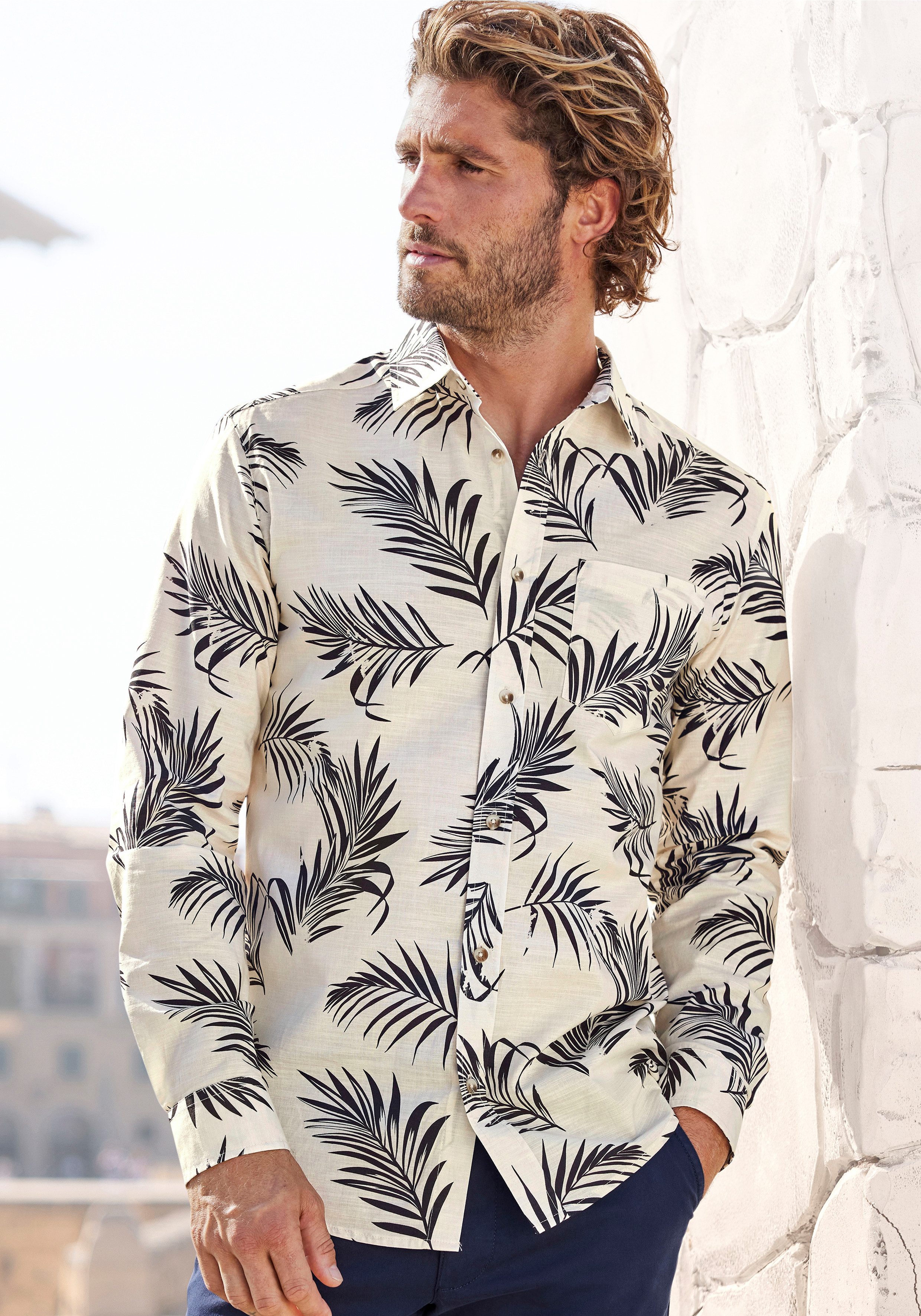 John Devin Hawaiihemd Regular Fit, Langarm, Freizeithemd mit Palmenprint aus reiner Baumwolle