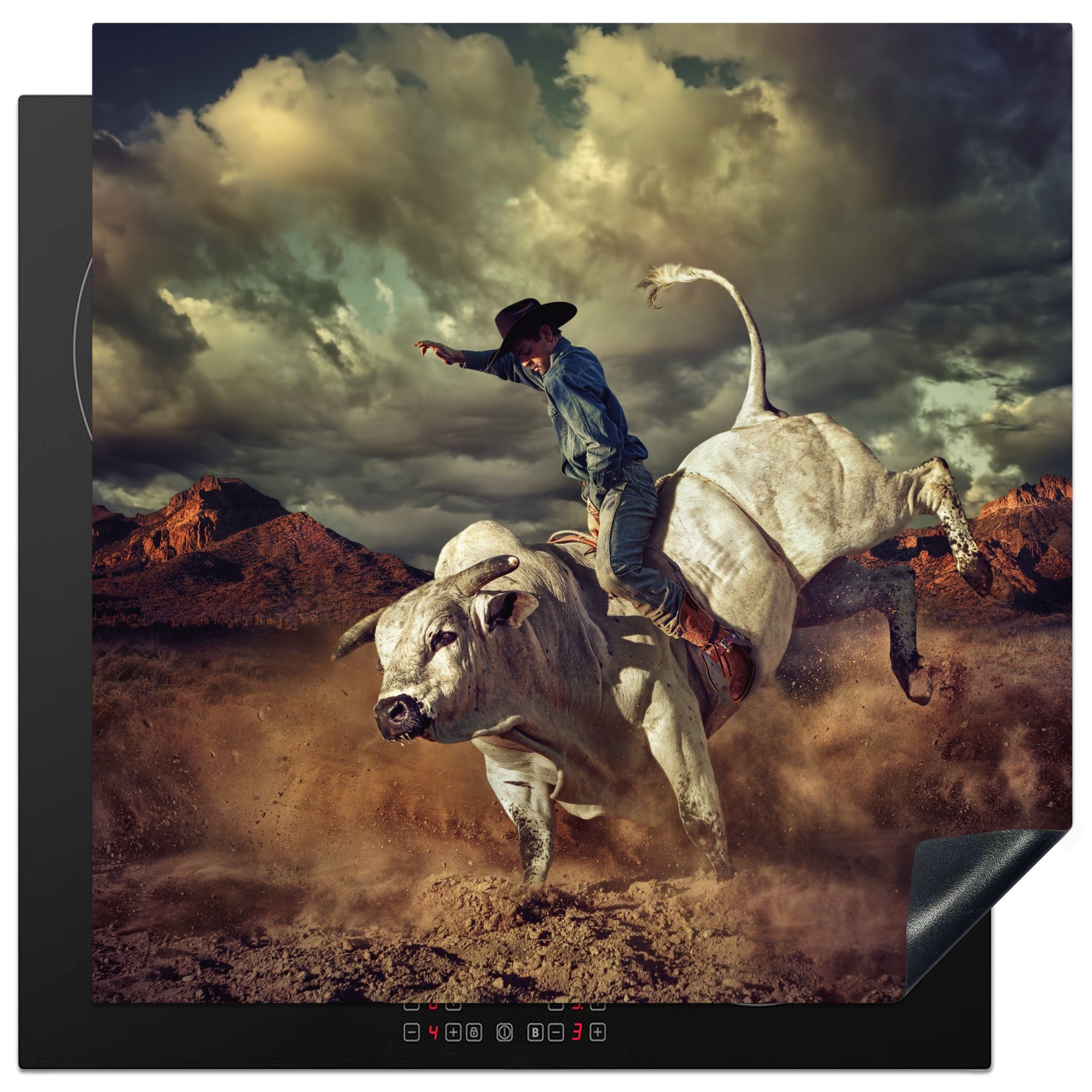 MuchoWow Herdblende-/Abdeckplatte Cowboy auf einem Stier bei einem Rodeo, Vinyl, (1 tlg), 78x78 cm, Ceranfeldabdeckung, Arbeitsplatte für küche