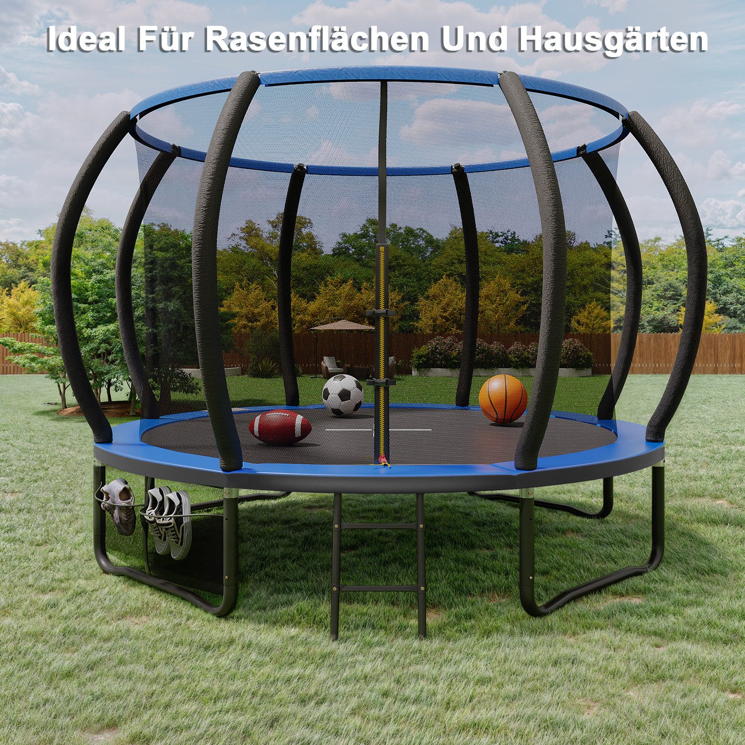 GUNJI Gartentrampolin trampolin 305/366cm, Kindertrampolin mit Sicherheitsnetz und Geländer, Ø 305 cm, (150 kg Tragfähigkeit, in den Farben schwarz und blau erhältlich, 360°-Geländer)