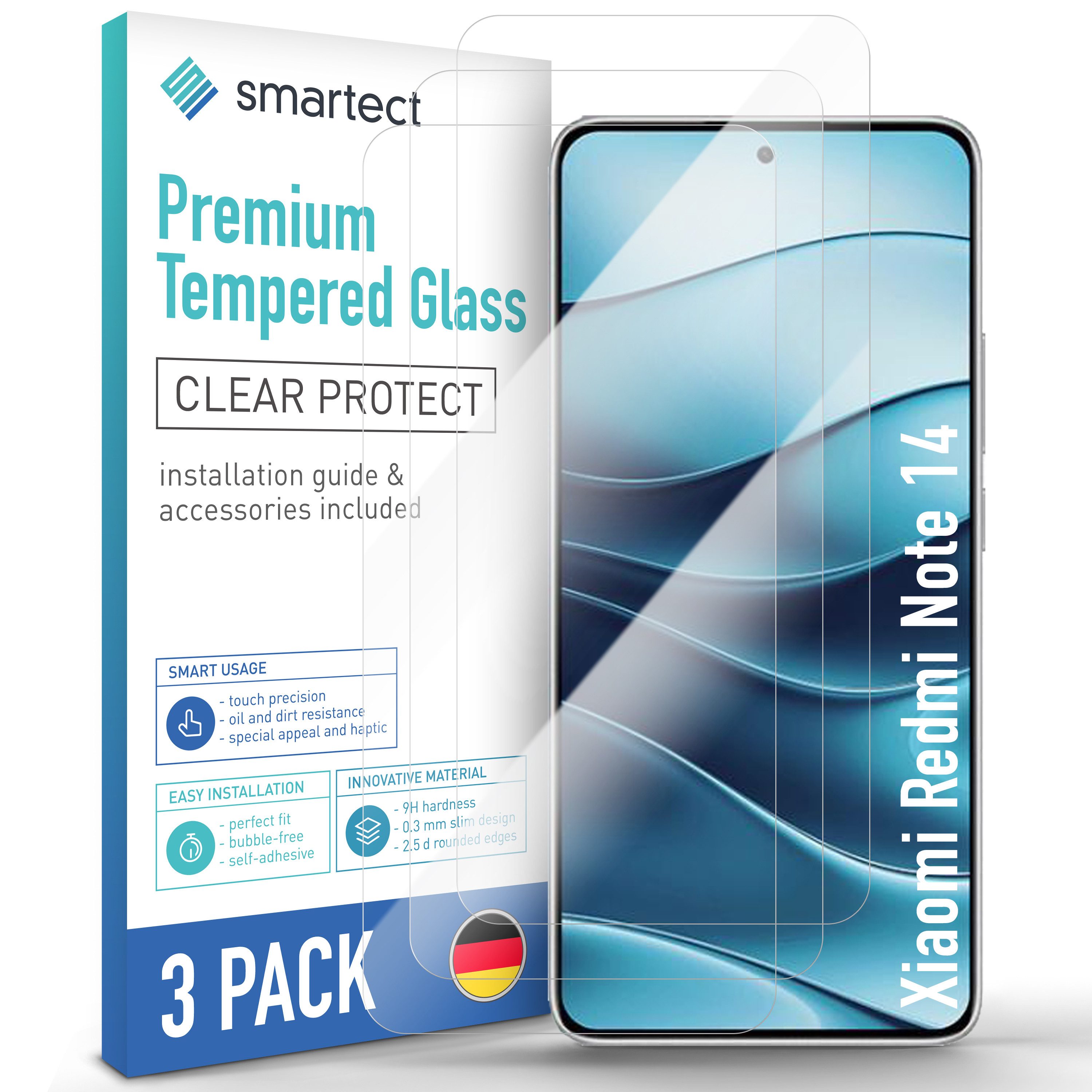 smartect Displayschutzglas 3X Schutzglas Panzerfolie Klar für Xiaomi Redmi Note 14 für Xiaomi Redmi Note 14, Set, 3 Stück, 0.3 mm Ultra-klar, 9H Härte, Kratzfest, Stoßfest, Blasenfrei, Oleophob