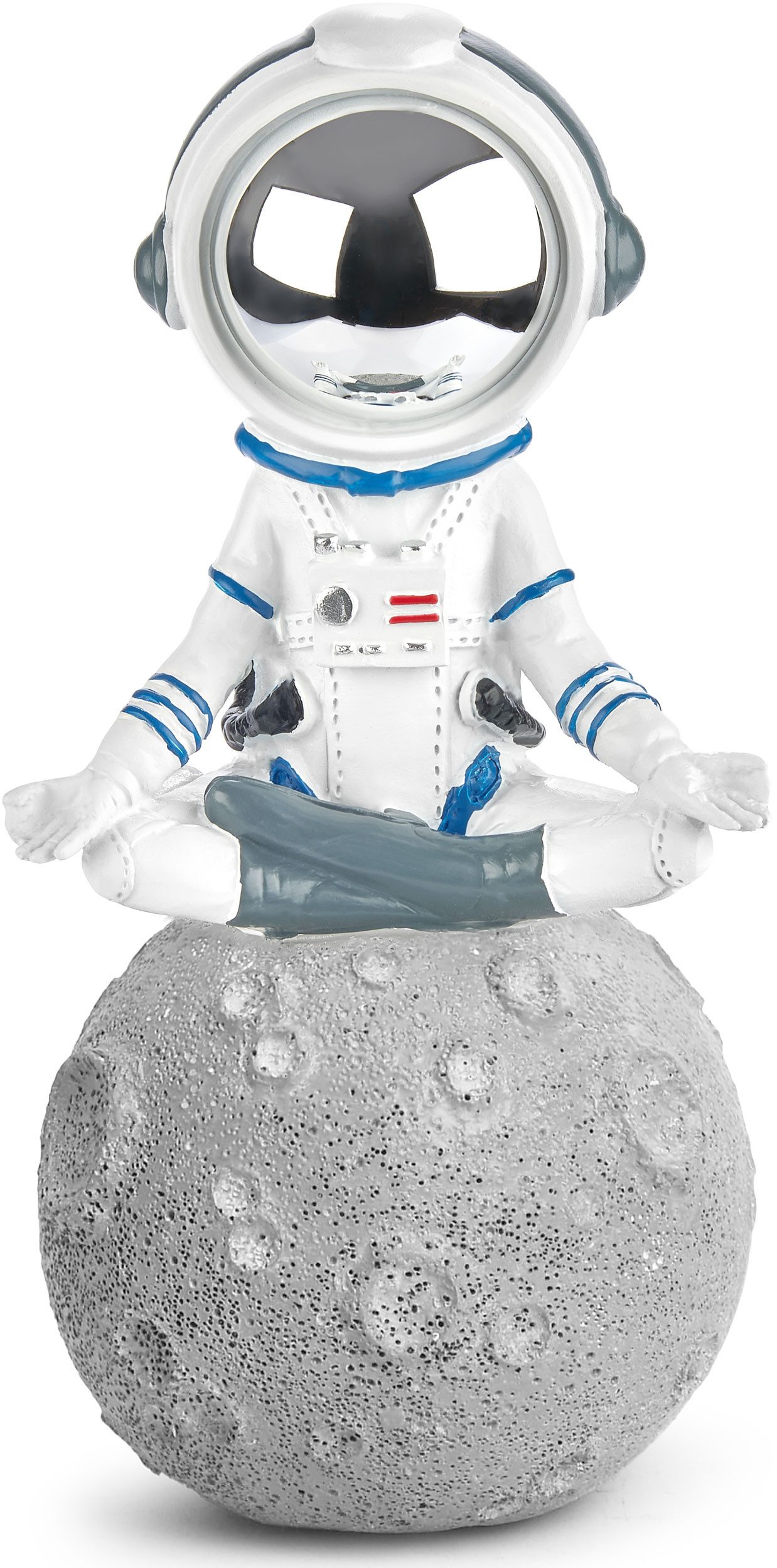 BRUBAKER Dekofigur Astronaut im Schneidersitz auf dem Mond - 18 cm Weltraum Figur (Dekoration - Grau und Weiß, 1 St., Astronautin Yoga mit verchromtem Helm), Handbemalte moderne Sukhasana Statue - Deko
