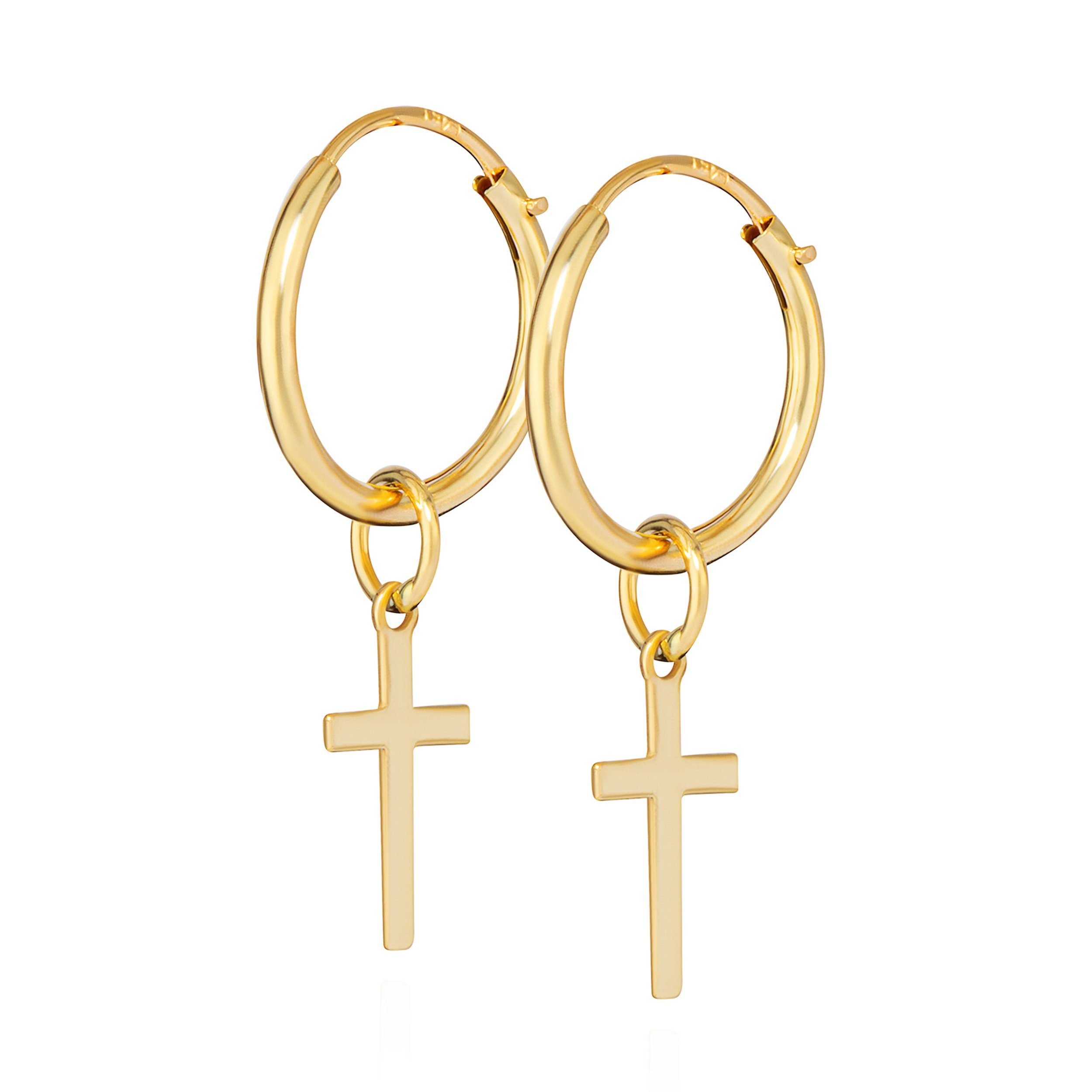 NKlaus Paar Creolen Paar 10 mm Gothic Creolen mit Kreuz 585 Gelb Gold 14 Karat Kreuz Ohrri