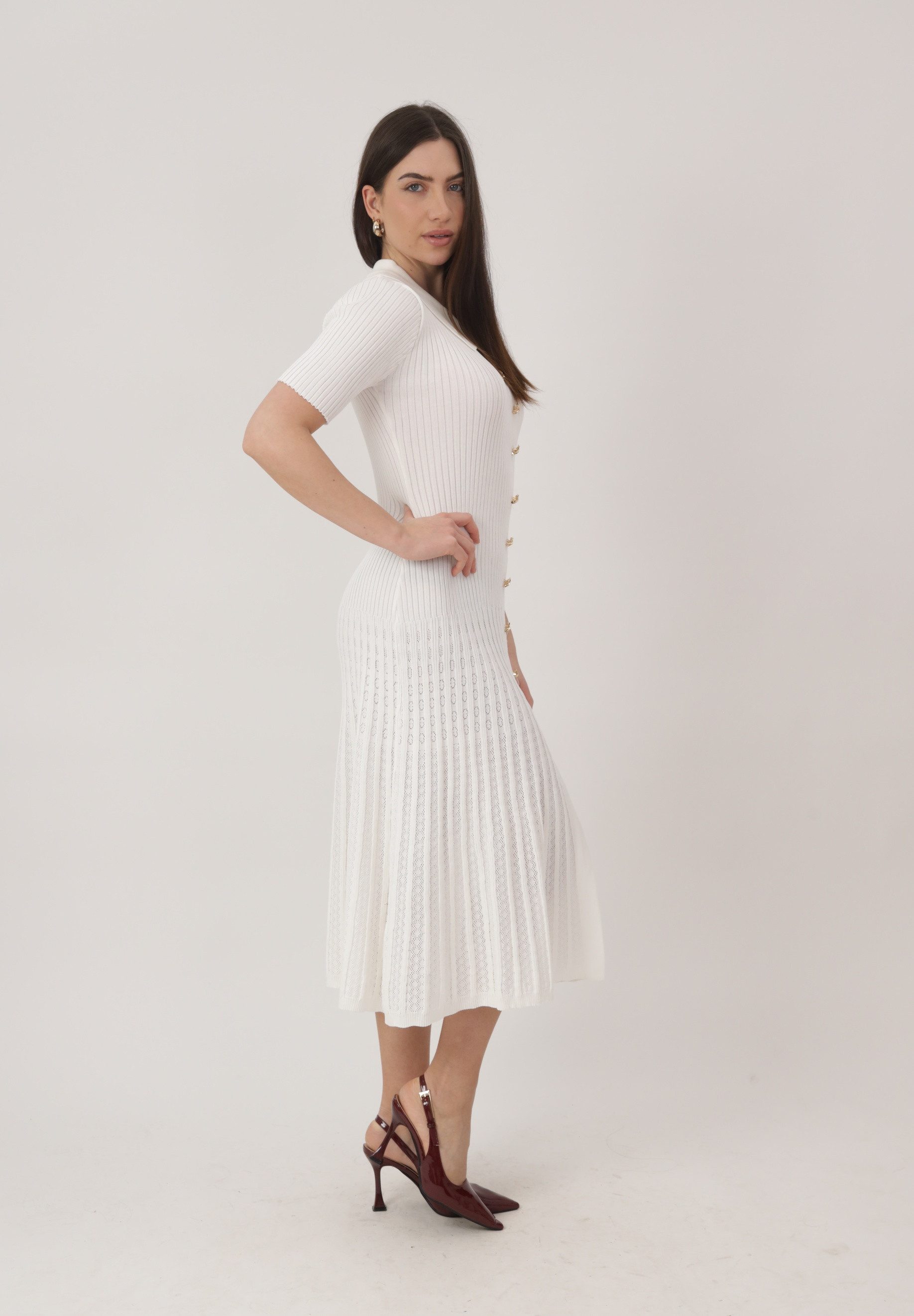 Elara Midikleid Midi Strickkleid Damen mit Polokragen & eleganter Knopfleiste – Bild 4 von 5