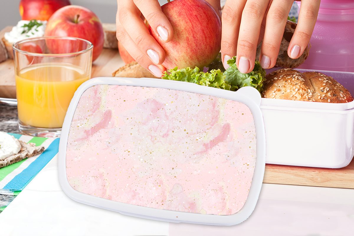 MuchoWow Lunchbox Marmor - und Jungs Kunststoff, Rosa Brotdose, (2-tlg), - weiß und Mädchen Muster, - für Kinder Gold Brotbox Glitter für Erwachsene, 