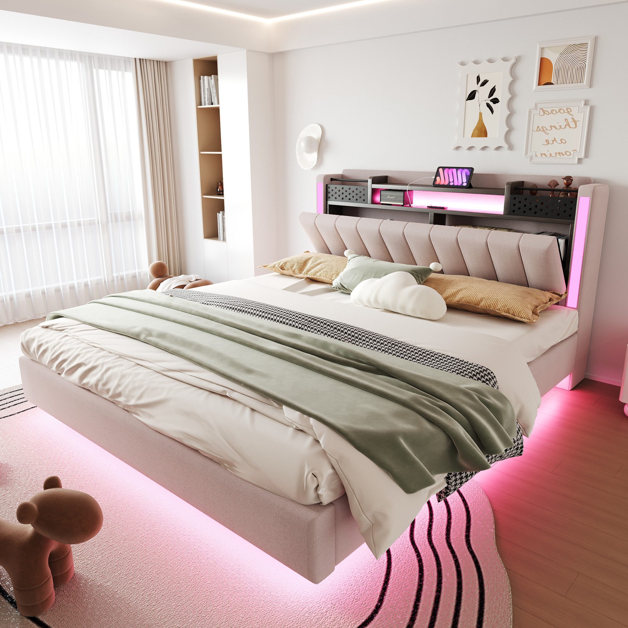 Flieks Polsterbett, LED Schwebebett Doppelbett 160x200cm mit USB-Aufladen und Stauraum
