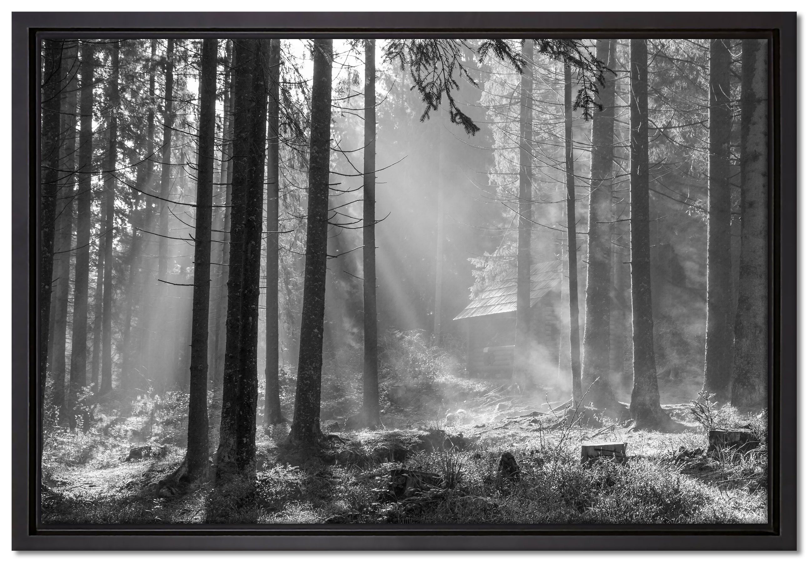 Pixxprint Leinwandbild Häuschen im Wald, Wanddekoration (1 St), Leinwandbild fertig bespannt, in einem Schattenfugen-Bilderrahmen gefasst, inkl. Zackenaufhänger