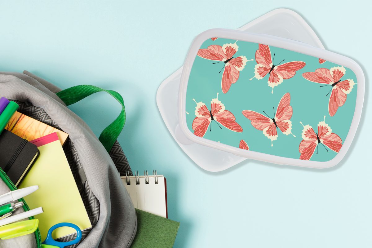 für weiß Kinder Muster, und Brotdose, Schmetterlinge Brotbox für Lunchbox und Erwachsene, Kunststoff, Mädchen - Jungs Rosa MuchoWow - (2-tlg),