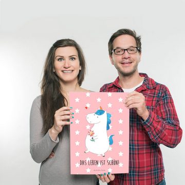 Mr. & Mrs. Panda Poster DIN A3 Einhorn Spaziergang - Rot Pastell - Geschenk, Einhörner, Wandp, Einhorn Spaziergang (1 St), Lebensfrohes Design