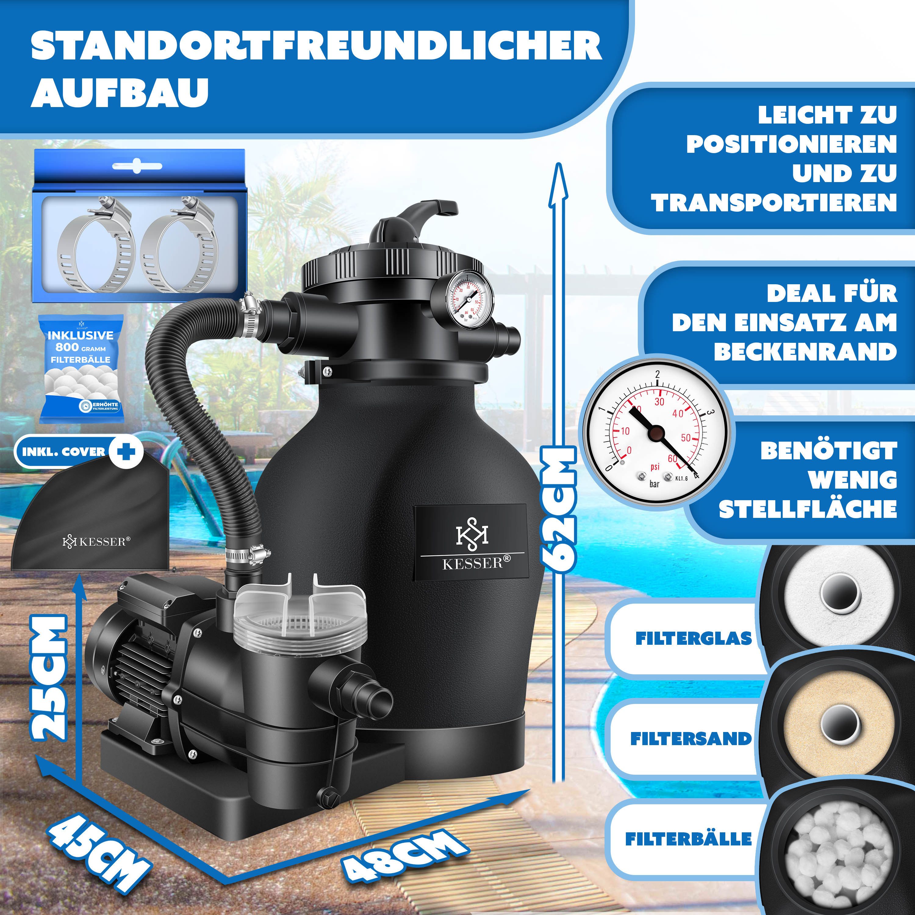 KESSER Sandfilteranlage Sandfilter mit Pumpe & 800g Filterbälle 10 m³/h Filteranlage für Pools, Poolfilter Set inkl. Wettercover, 7-Wege Ventil mit Druckanzeige