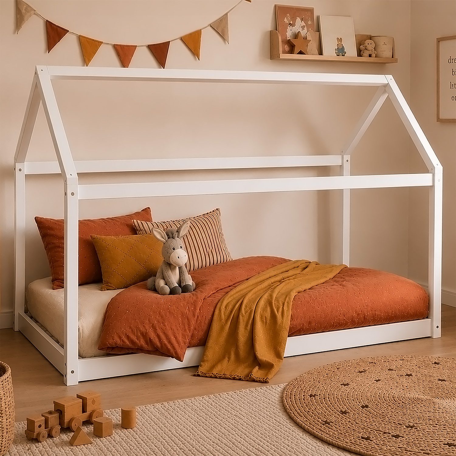 Homestyle4u Hausbett 90x200 Kinderbett Weiß Bodenbett Kiefer (Set, mit Lattenrost)