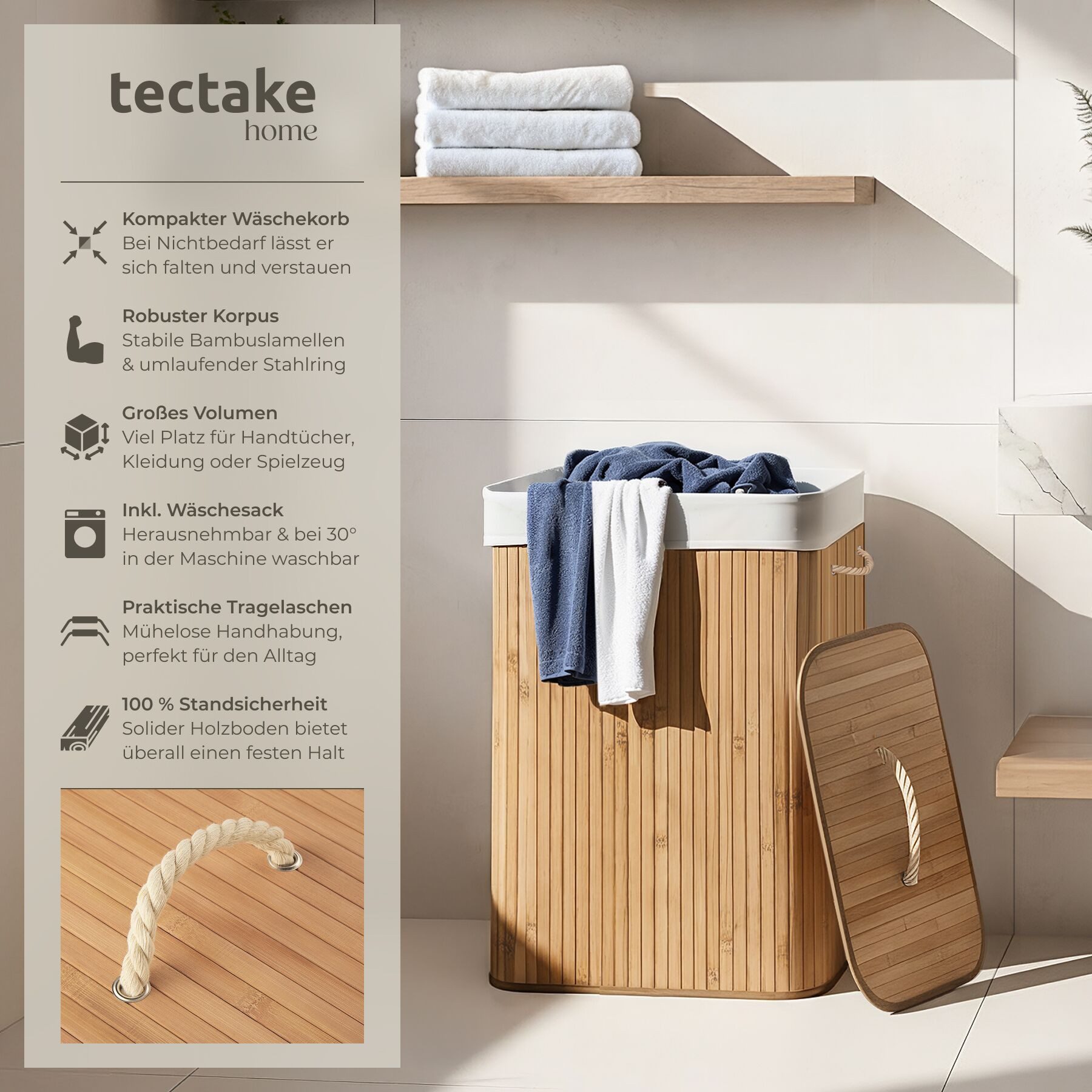 tectake Wäschekorb Wäschebehälter aus Bambus, mit Deckel, 42 x 31,5 x 60 cm (Wäschesammler, in beige), herausnehmbarer Wäschesack, 2 Tragegriffe, 72 l
