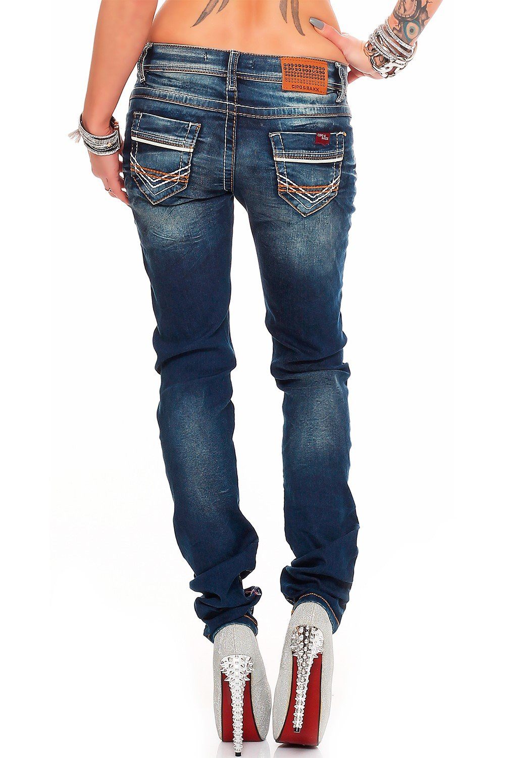 Cipo & Baxx 5-Pocket-Jeans Low Waist Hose BA-WD256 (1-tlg) Stonewashed mit Farbigen Nähten in Casual