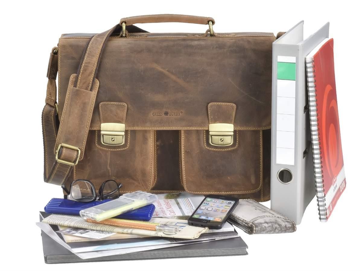 Greenburry Aktentasche Vintage Lehrertasche Damen Herren Leder 39x31cm 3 Fächer Schultasche, Businesstasche, Lehrertasche, für Herren, für Damen, rustikal
