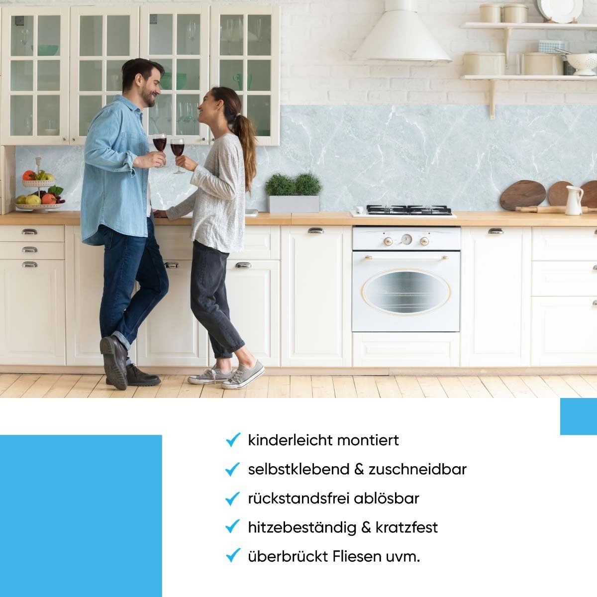 danario Küchenrückwand versteifte selbstklebend Marmor Folie Küche PET blau - Matt Spritzschutz - 