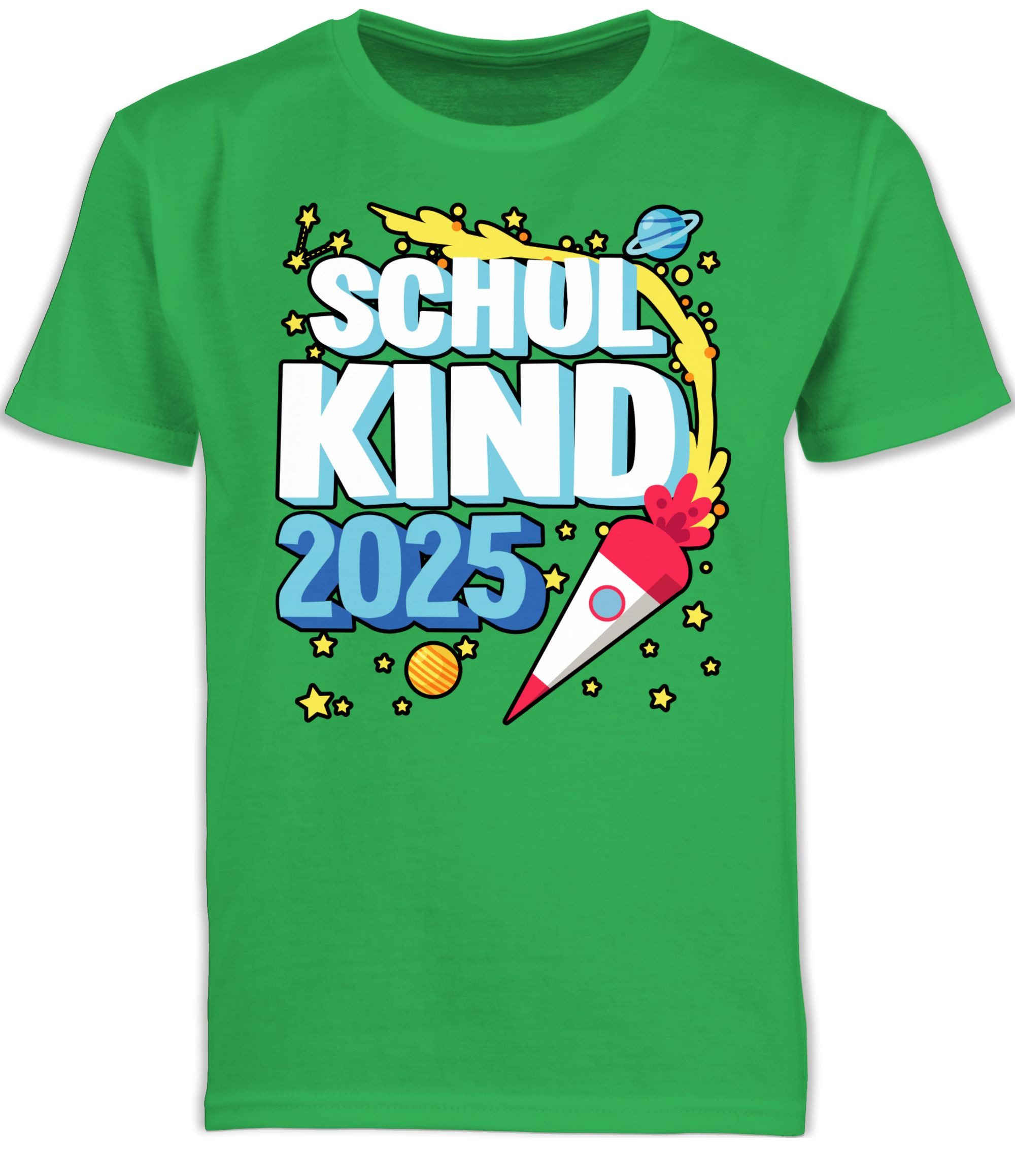 T-Shirt Endlich Schulkind 2025 mit Rakete und Sternen - schwarz