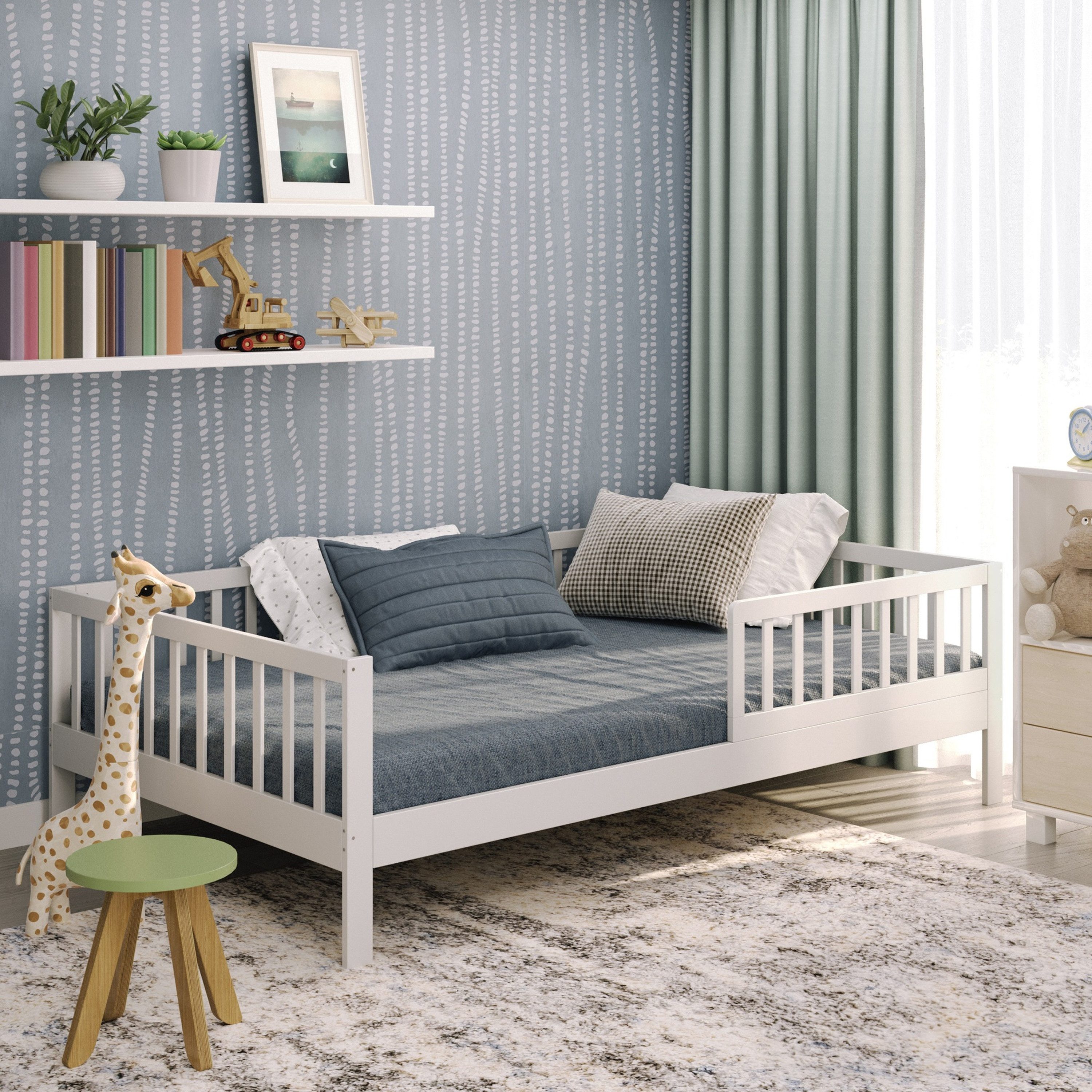 CADANI Kinderbett Nik - abnehmbarer Rausfallschutz - bis 200 kg belastbar (Jugendbett · bis 200 kg belastbar · inkl. Roll-Lattenrost), · Kiefer Massivholz · Farbe: Weiß